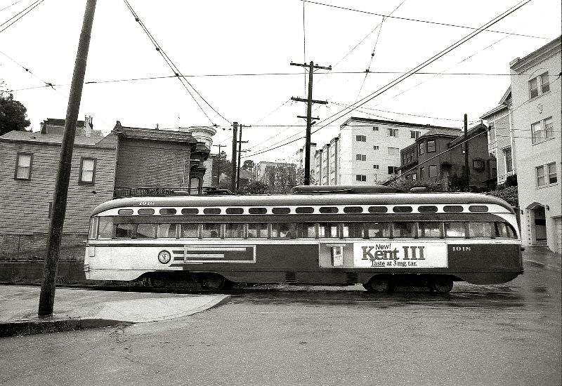 MUNI J-Church line, PCC car no. 1018, Liberty Street, Mission district, San Francisco, 1976