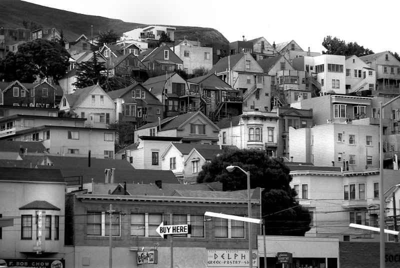 Foreground is Mission Street near Fair, Bernal Heights district, San Francisco, 1977