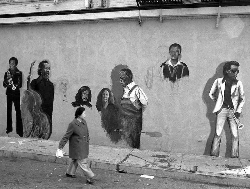 Mural painting in progress on the side of the Keystone Korner, North Beach, San Francisco, 1979