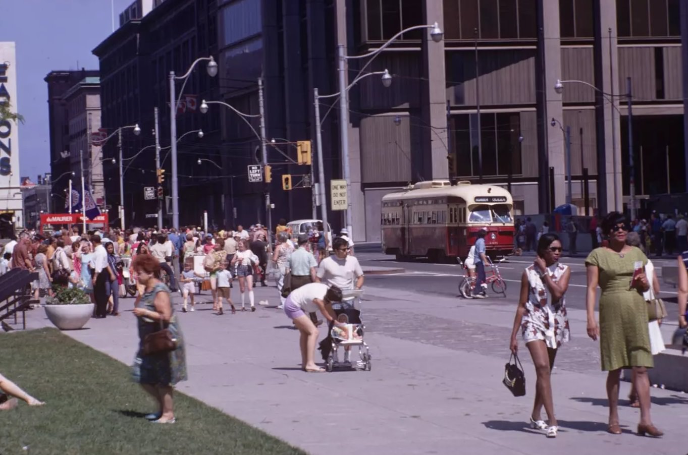 Crowds in front of Old City Hall. Note the old streetcar.