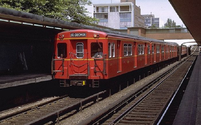 The infamous red subway trains, 1971.