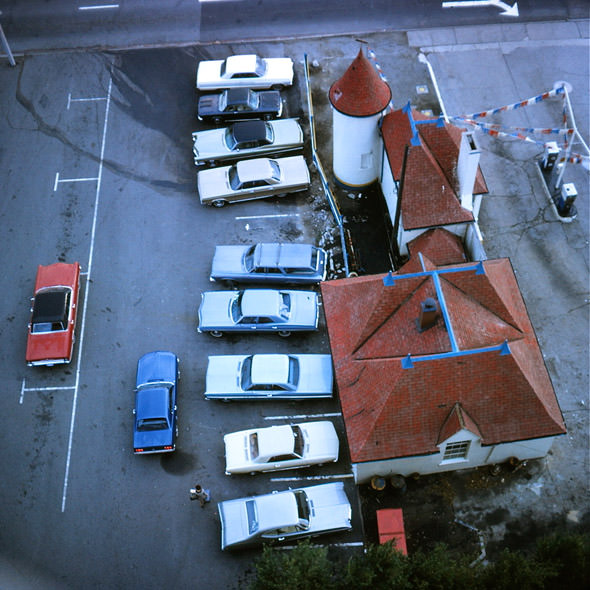 Joy Oil gas station from above (ca. 1970-73).