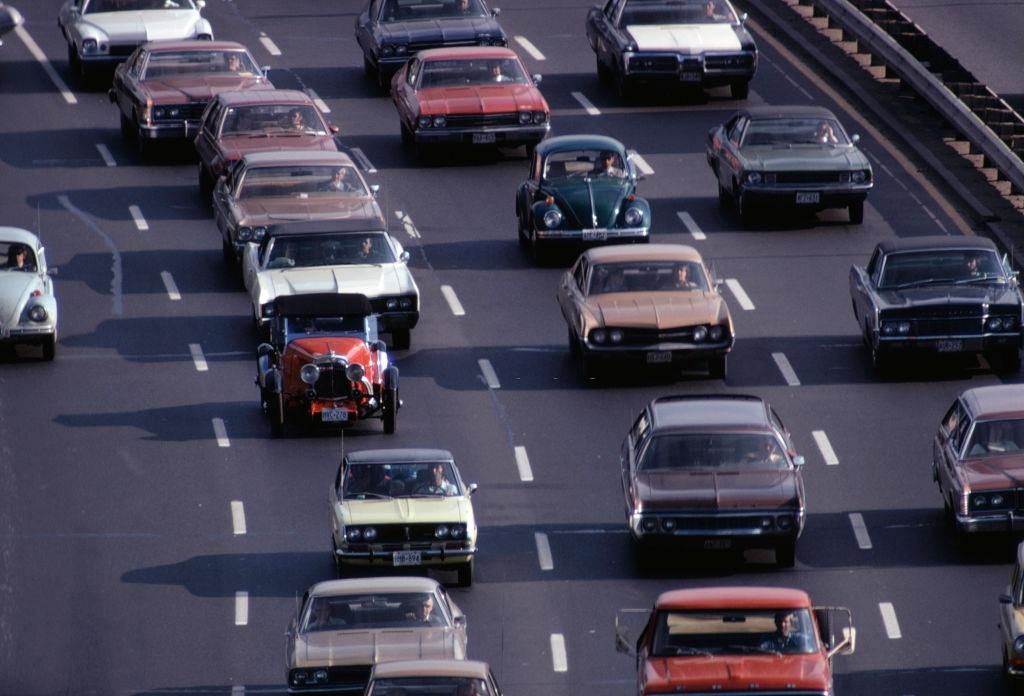 Cars on the highway in September 1974 in Toronto.