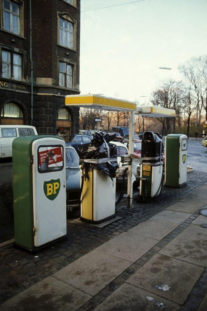 Gas station during oil crisis, in December 1973 in Denmark.