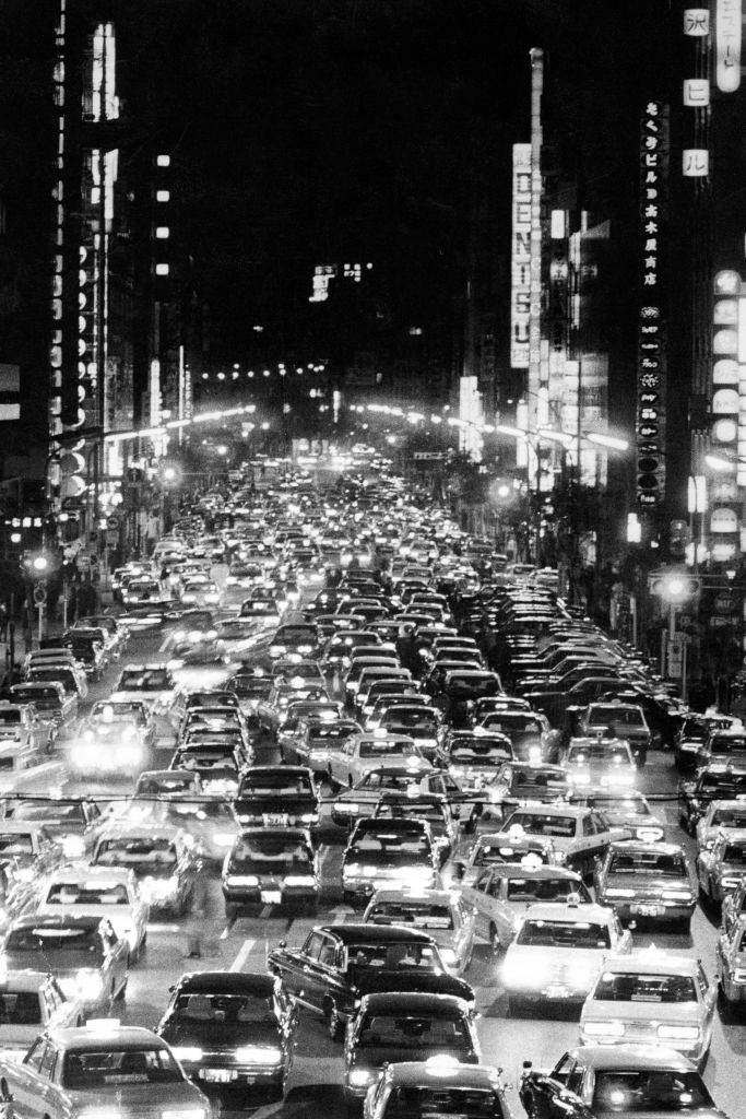 Taxis are seen amid the oil crisis at Ginza District on November 22, 1973 in Tokyo, Japan.