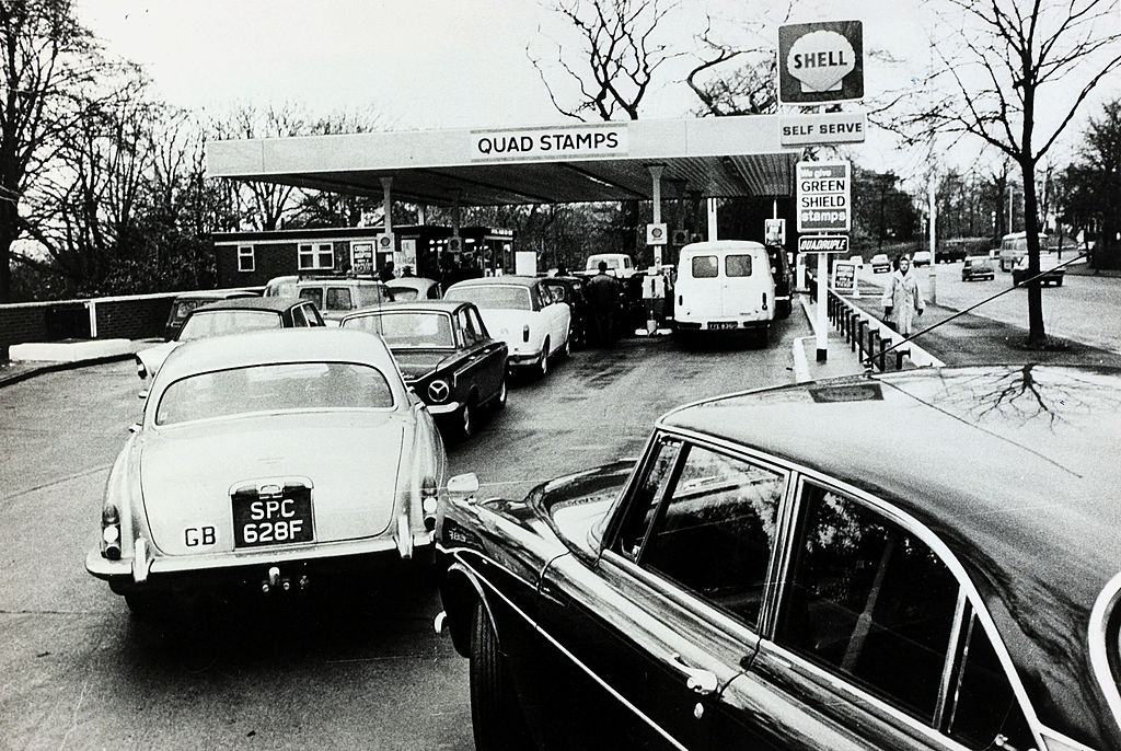 Motorists queue for petrol during the oil crisis, Great Britain, 1973.