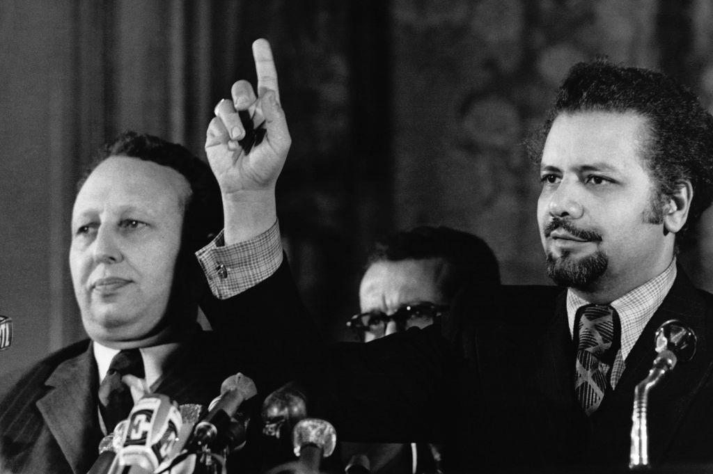 Press conference by Bélaïd Abdessalam, Algerian Minister for Energy, and Ahmed Zaki Yamani, Saudi Minister for Petroleum, during the oil shock, in Paris, France, November 27, 1973