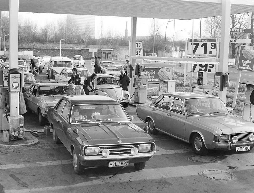 Crowds at a gas station in Berlin during the Oil Crisis, 1973.