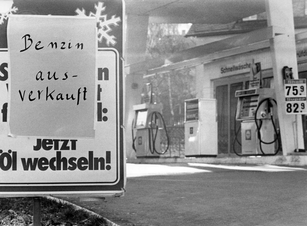 A sign at a petrol station in Stuttgart says "Petrol sold out" on the 18th of November in 1973 in Germany.