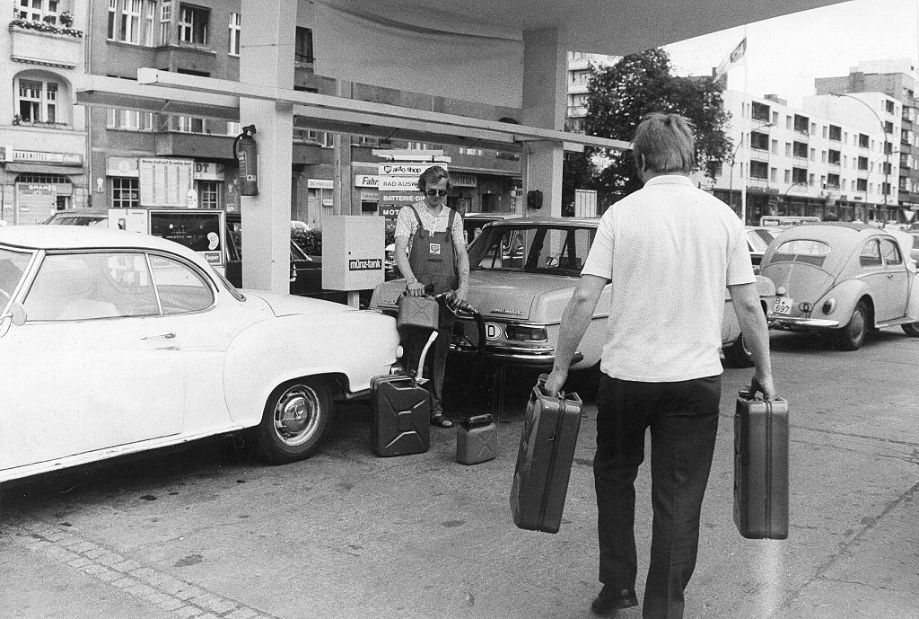 Gasoline hamster purchases at petrol station in Berlin, July 1973.