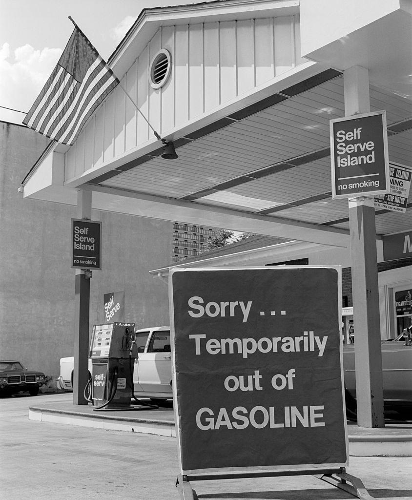 Temporarily out of gasoline sign in American, 1973.