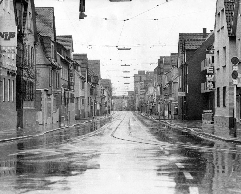 An empty street in the Vaihingen district of Stuttgart during the oil crisis, 1973.