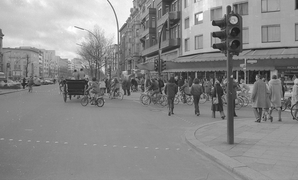 Pedestrians on the Kurfuerstendamm, Berlin, during the oil crisis.