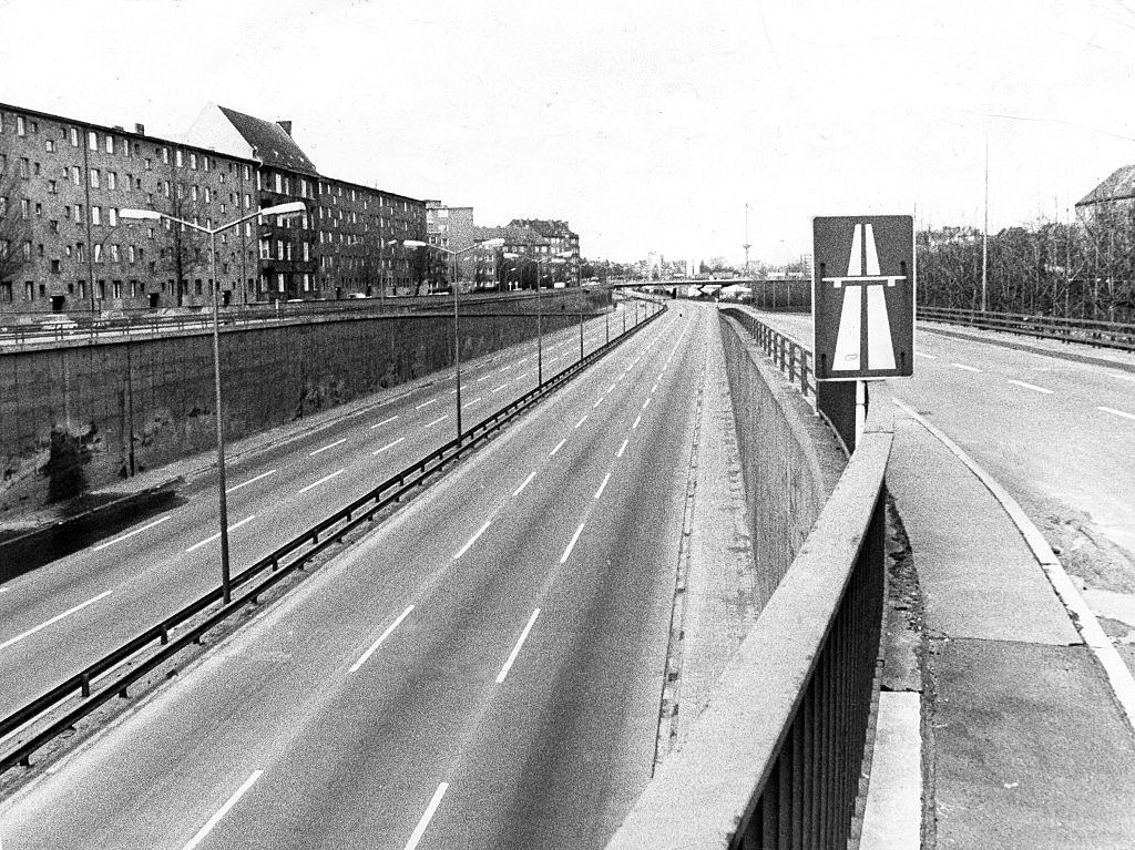 Empty streets and roads, Stadtautobahn Berlin, during the oil Crisis, 1973.