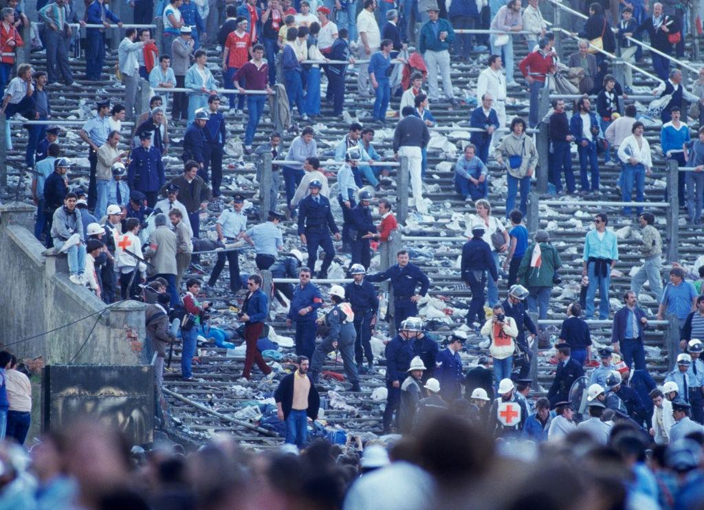 The aftermath of the crowd riots before the start of the European Cup Final between Juventus and Liverpool at the Heysel Stadium, Brussels, May 1985.