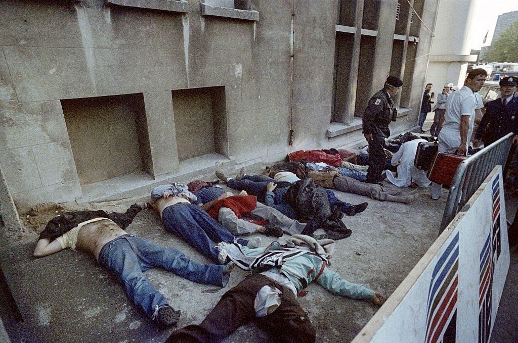 Bodies of dead spectators are lying next to the stands after the violent incident happened on May 29, 1985 before the European Champion Clubs final.