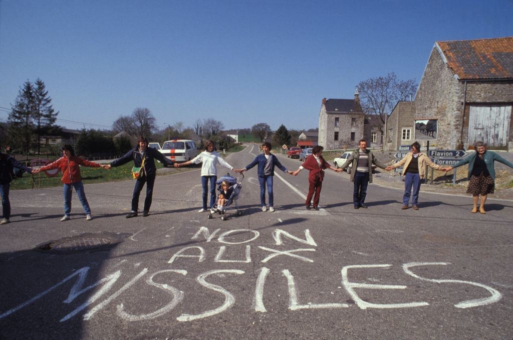 Pacifist demonstration to protest against the installation of missiles in Florennes on April 19, 1984, Belgium.