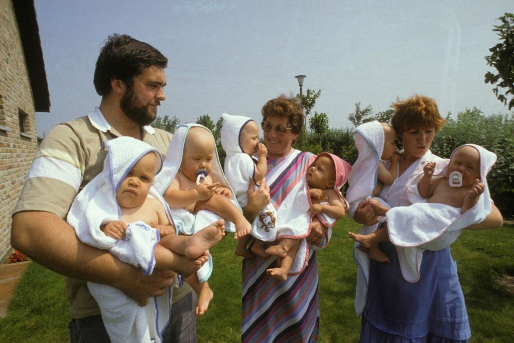 Belgian sextuples celebrate their first birthday on July 17, 1984 in Belgium.