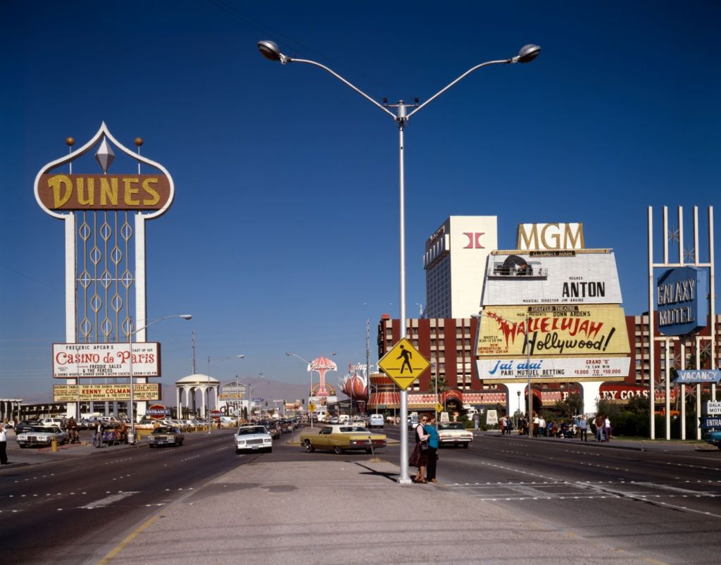 The Strip at daytime, Las Vegas, 1980s.