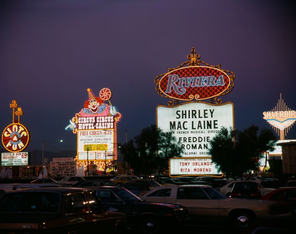 Neon Signs touting the entertainment stars shows, Las Vegas, 1980s.