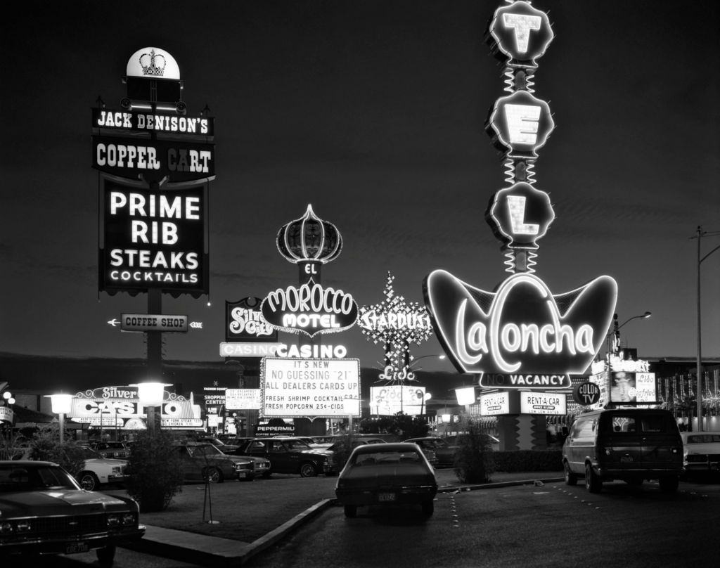 Neon Lights on the strip for Morocco LA Concha Stardust in Las Vegas, 1980s.