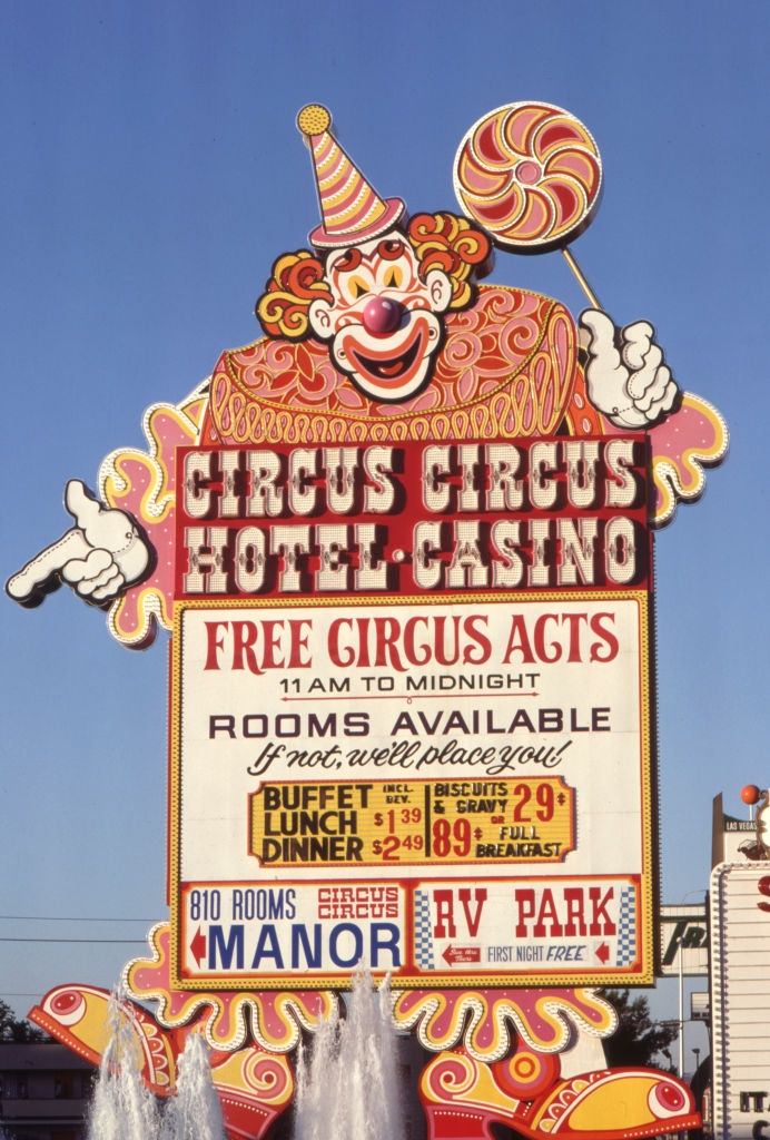 Sign of a Las Vegas casino depicting a clown in 1980.