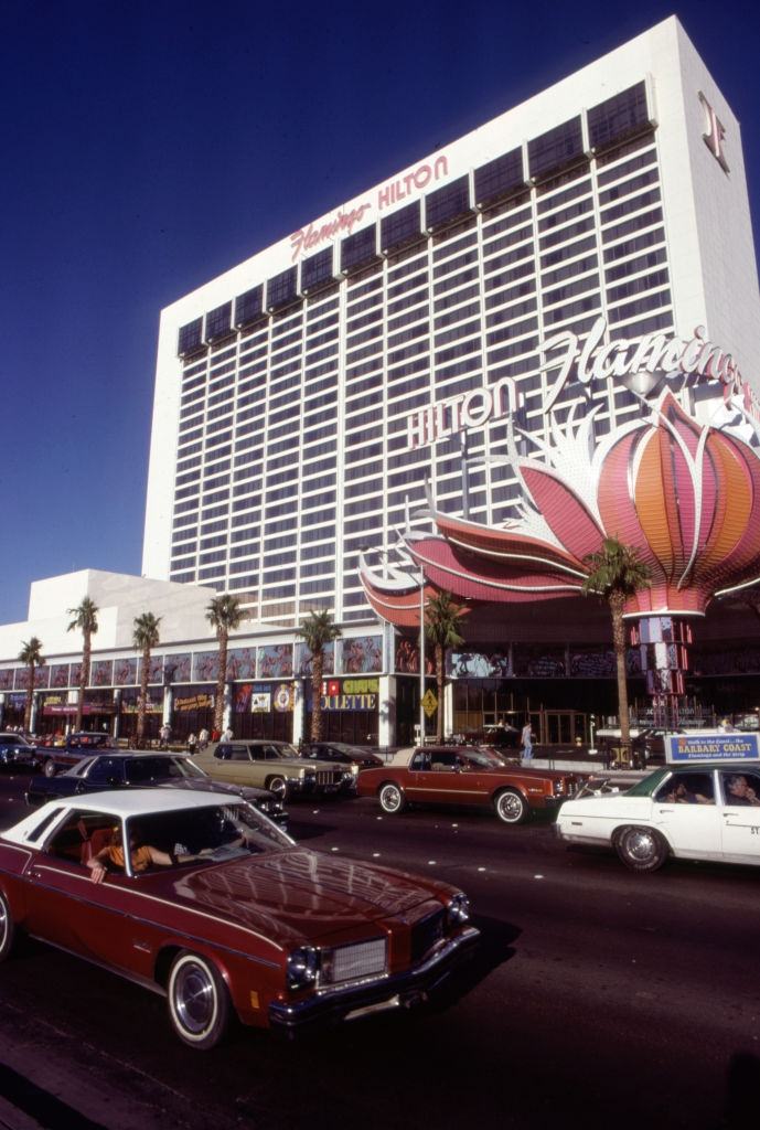Exterior view of the Hilton Hotel in Las Vegas in 1980.