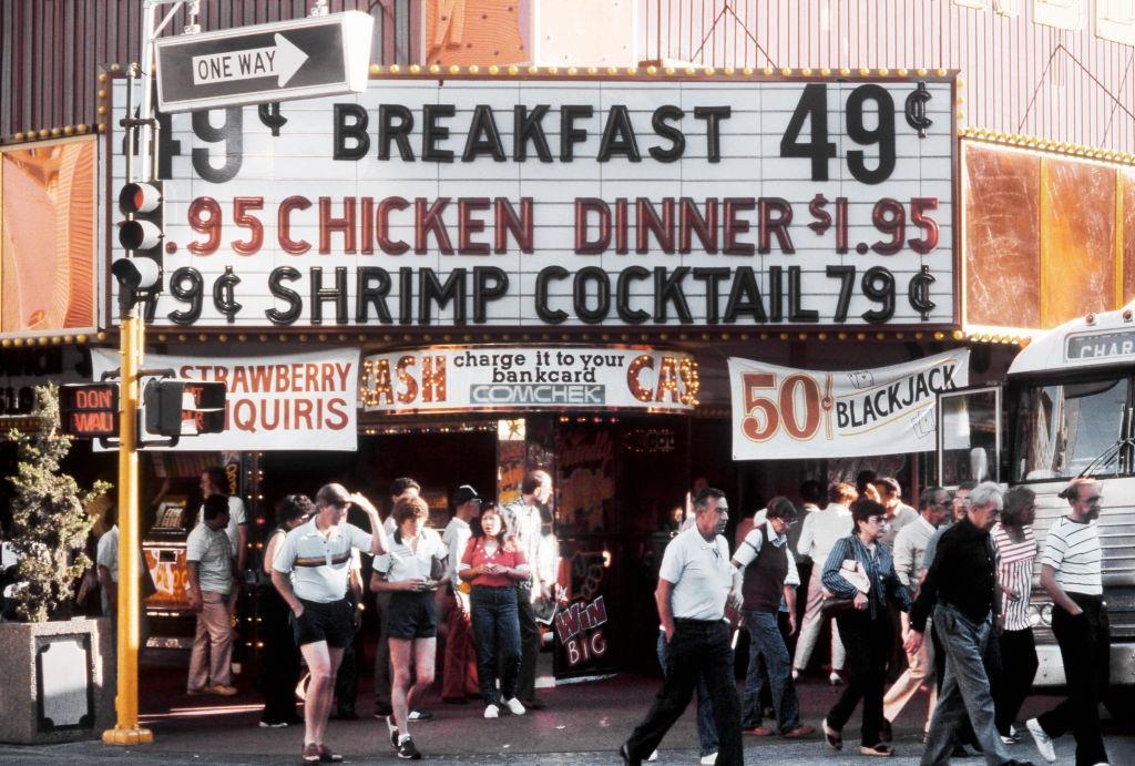 A view of a street level casino offering a cheap breakfast, dinner and shrimp cocktail on the Las Vegas Strip, 1983.