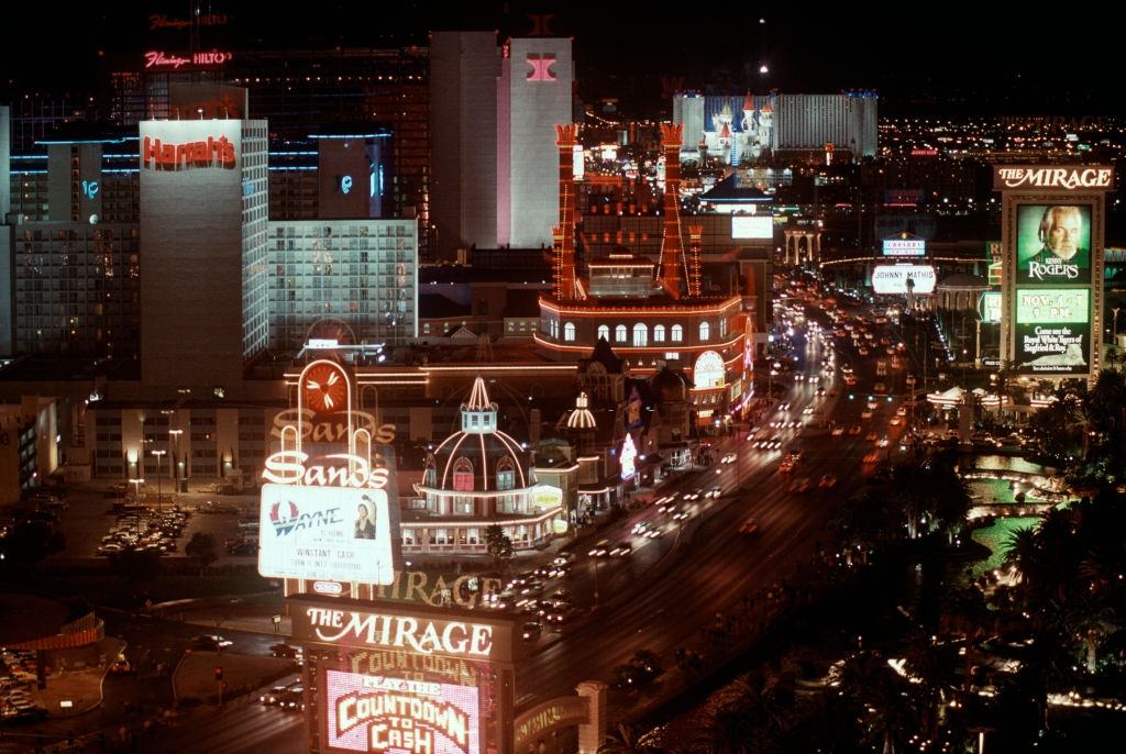 View of the Strip at night in Las Vegas, 1984.