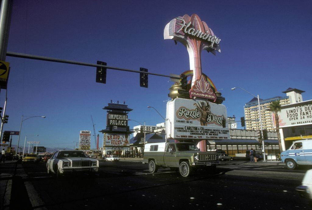 Flamingo Hilton neon sign in October 1980 in Las Vegas