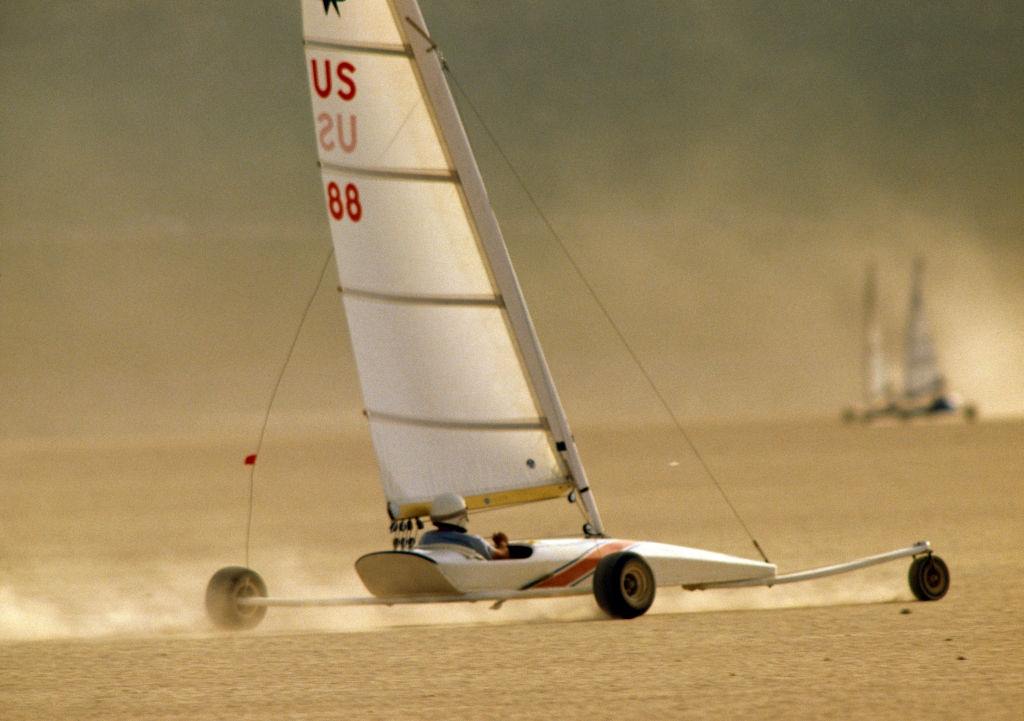 Action from the America's Landsailing Cup in the Ivanpah Lake near Las Vegas, 1985.