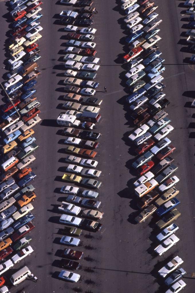 Bird's eye view of a parking lot with its vehicles in Las Vegas in 1980.