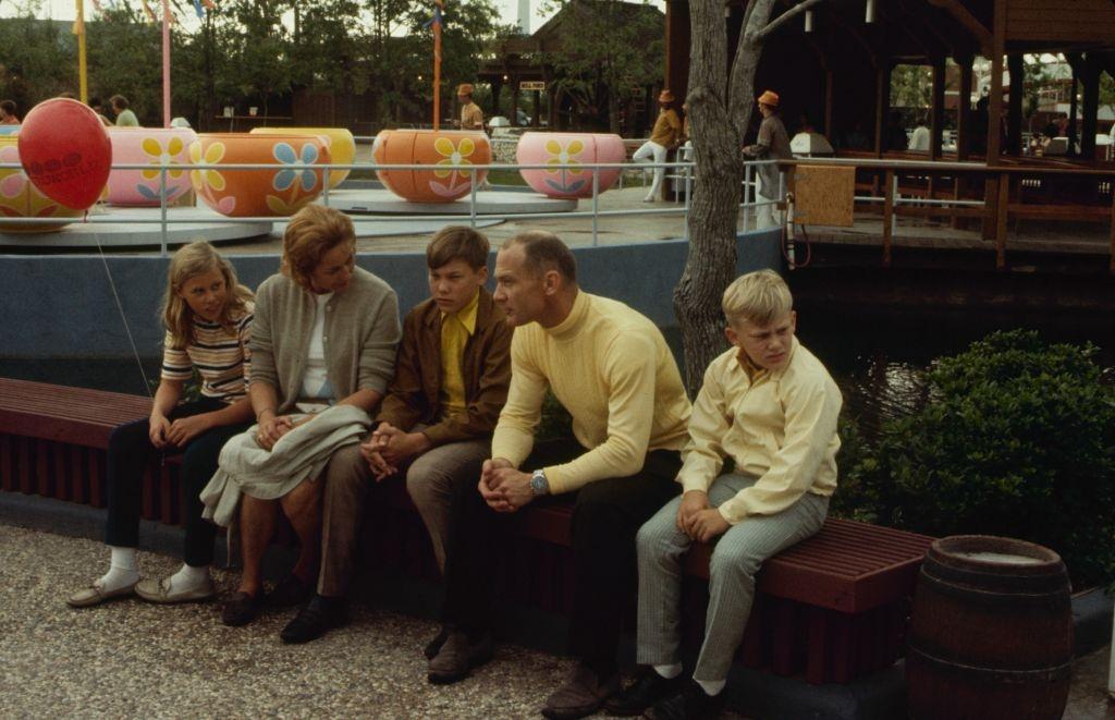 Astronaut Buzz Aldrin and family, sitting on the bench, Houston, Texas, 1969