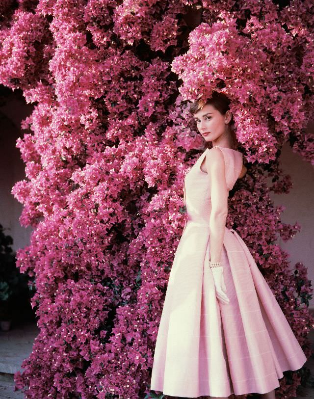 Audrey Hepburn in a pink dress, standing next to a flowering bougainvillea plant, 1955.