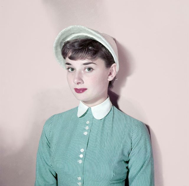 Audrey Hepburn in her Mayfair apartment, London, 1951.