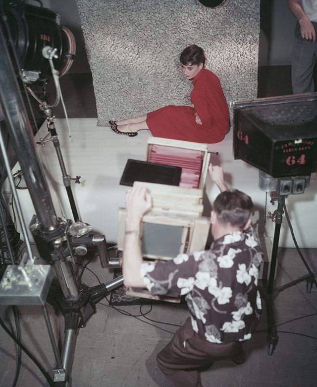 Audrey Hepburn posing for a studio photographer, 1954.