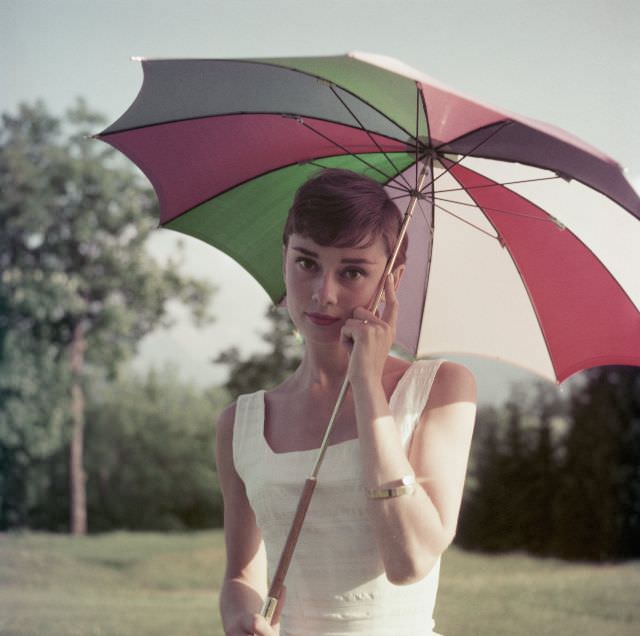 Audrey Hepburn on a golf course at the Bürgenstock resort, Switzerland, 1954.