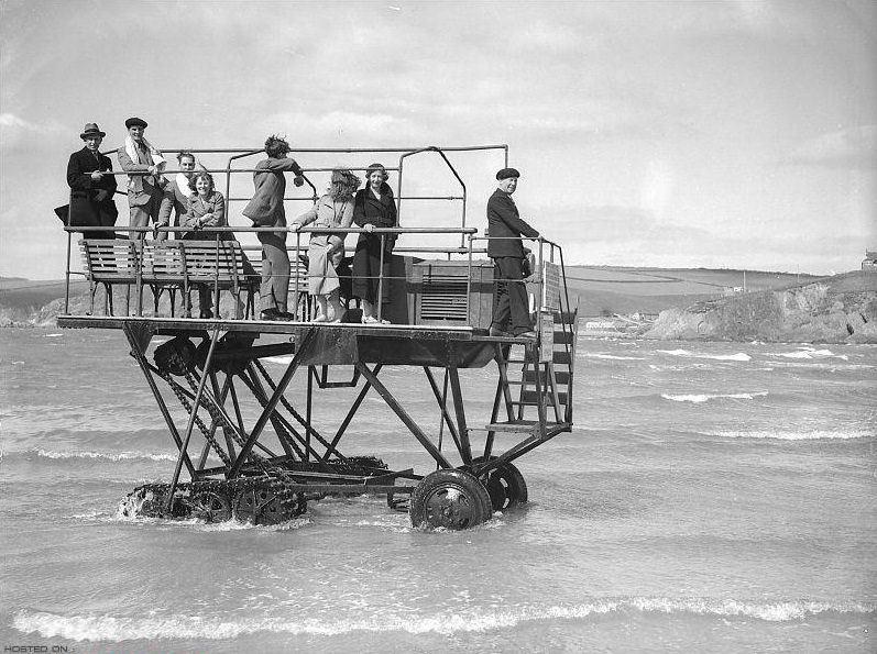 A caterpillar driven ferry with a 24 horsepower engine takes holidaymakers from the mainland at Bigbury in Devon to Burgh Island, a quarter of a mile away.