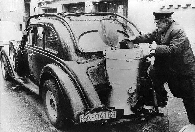 An Adler Diplomat car Built in Germany in 1936, with its carburetor that uses wood instead of petrol, fitted during World War II