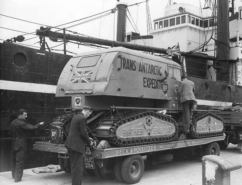 Haywire, one of the snowcats used by Dr. Fuch's and his Commonwealth explorers on their journey across the Antarctic continent, arrives at Tilbury from New Zealand, via Antwerp.