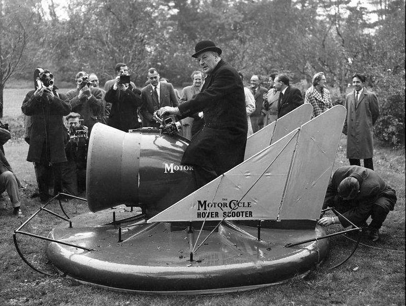 Lord Brabazon, the pioneer British aviator, demonstrates the hover scooter at Long Ditton in Surrey .