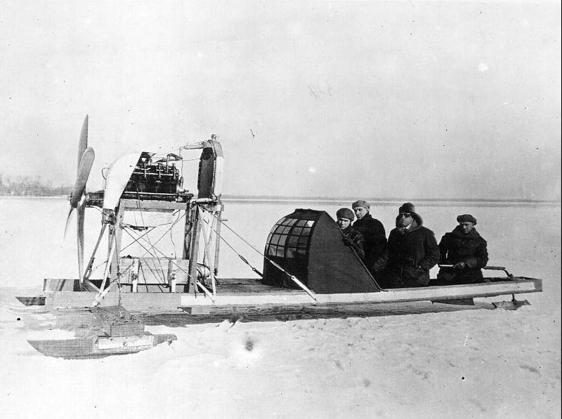 A motor iceboat invented by Dr. Thadeus D. Smith of Wisconsin reaches seventy miles an hour during its test on a frozen lake.