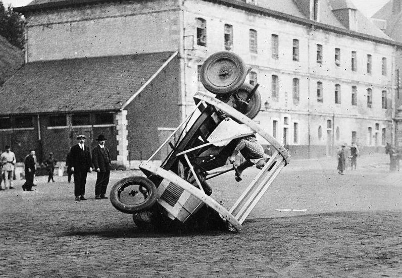 A stunt car being rolled