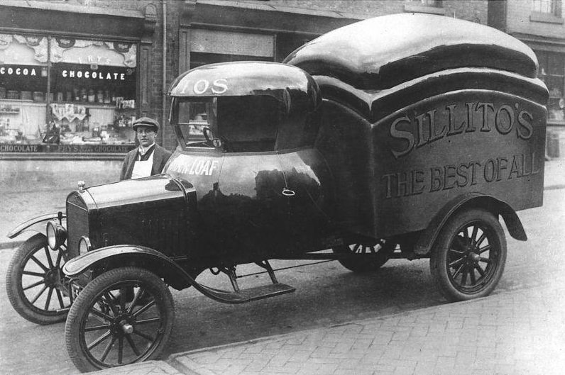 Baker Mr. Sillitoe constructred a delivery van with the driver's cab and the van in the shape of loaves of bread.