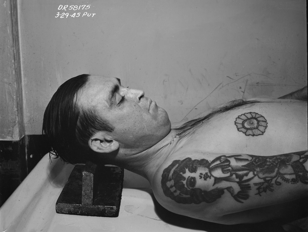 Morgue, man with floral tattoo, 1945