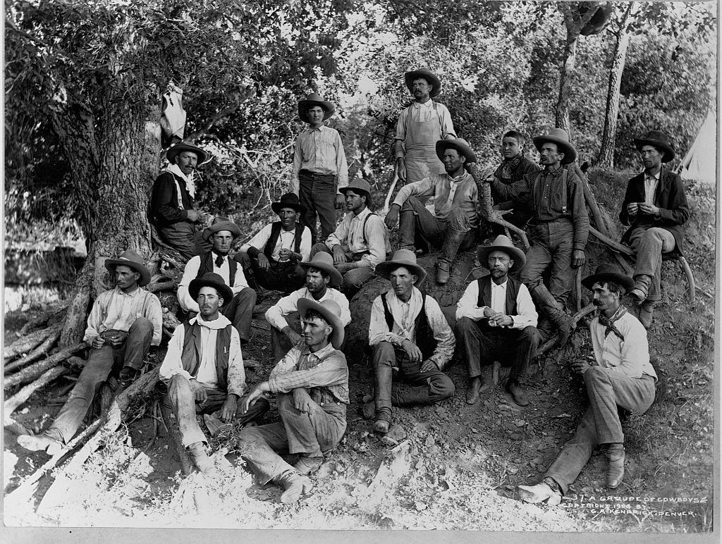 A group of cowboys on a hillside in Denver, 1904