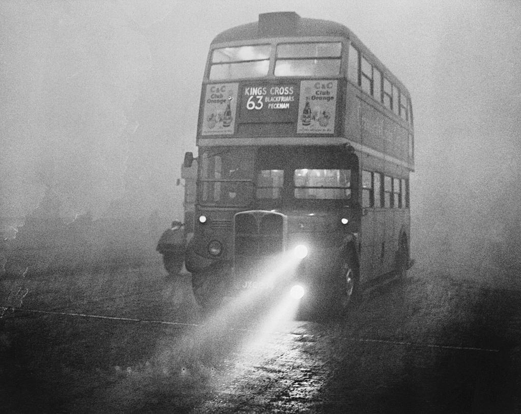 A London double-decker bus, during the Great Smog of 1952.