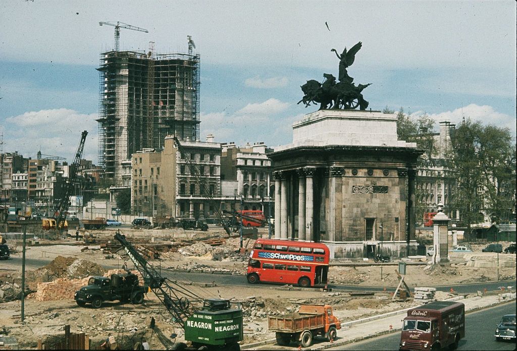 A view of Hyde Park Corner whilst the area was undergoing redevelopment, 1962.