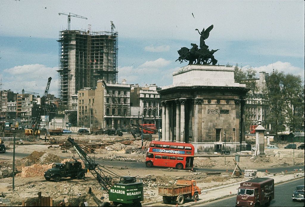 A view of Hyde Park Corner whilst the area was undergoing redevelopment, 1962.