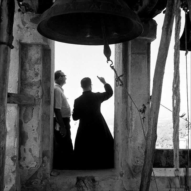 Men in the bell tower of the hermitage of Santa Magdalena, 1956